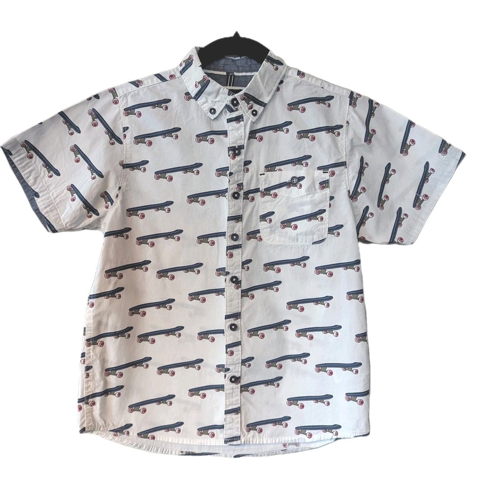 Boys Size 8 Skater Skateboards Button Front Short Sleeve Cool Dress Shirt